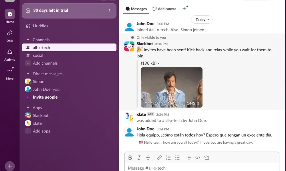 X-late automatic translation demo showing real-time message translation in Slack channel