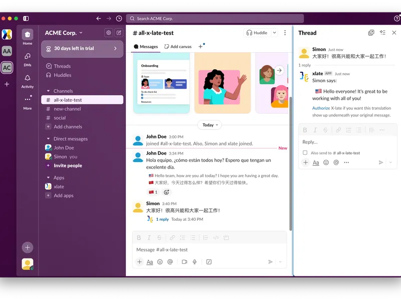 X-late automatic translation in Slack showing real-time message translation