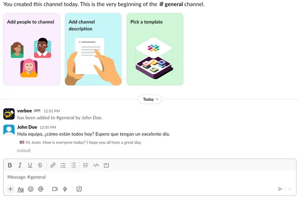 Vorbee joining a Slack channel and translating a Spanish message