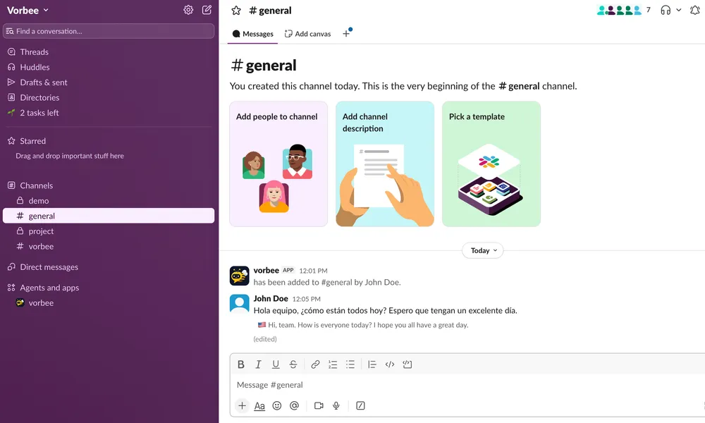 Vorbee automatic translation demo showing real-time message translation in Slack channel