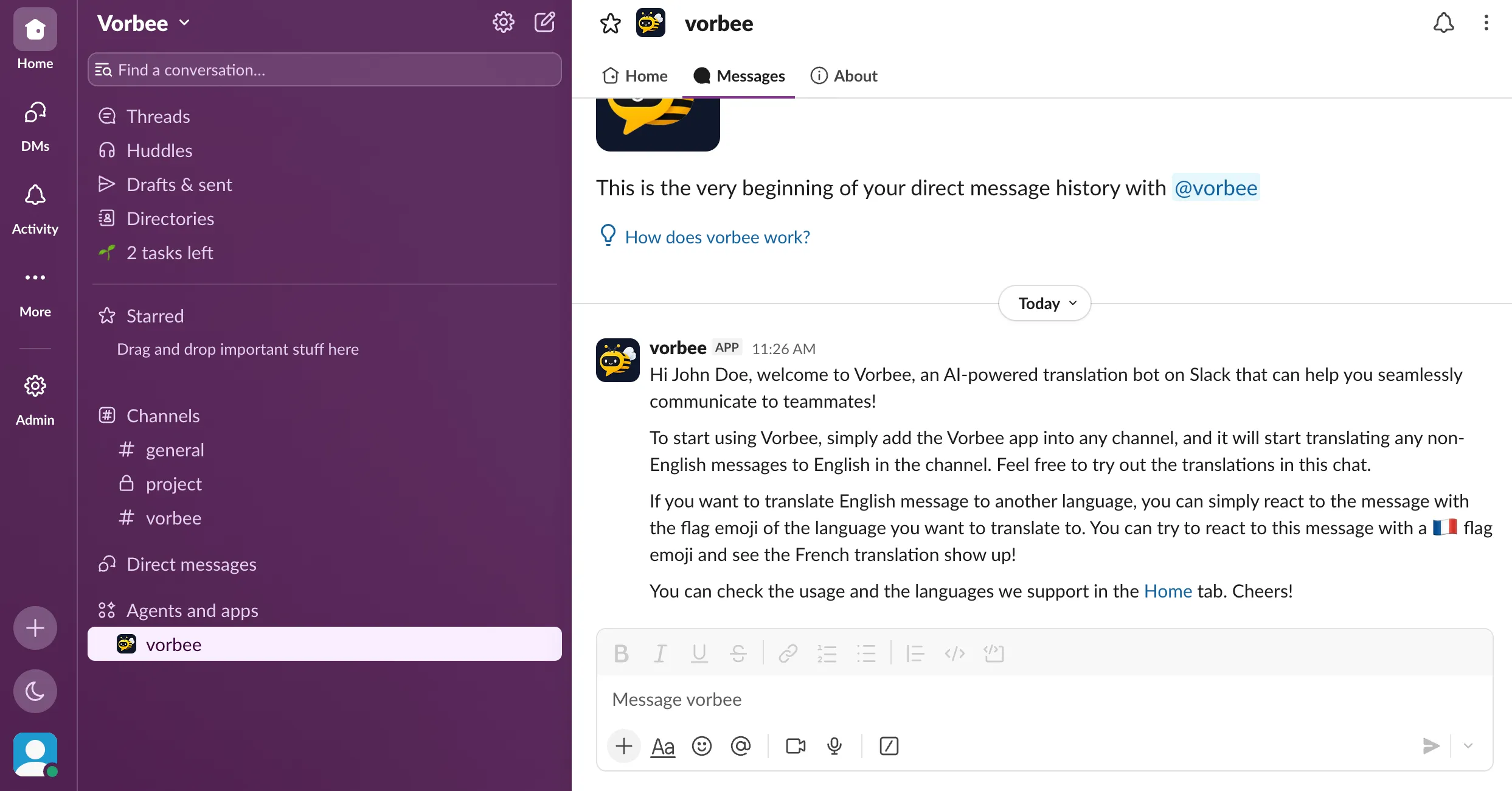Vorbee welcome message